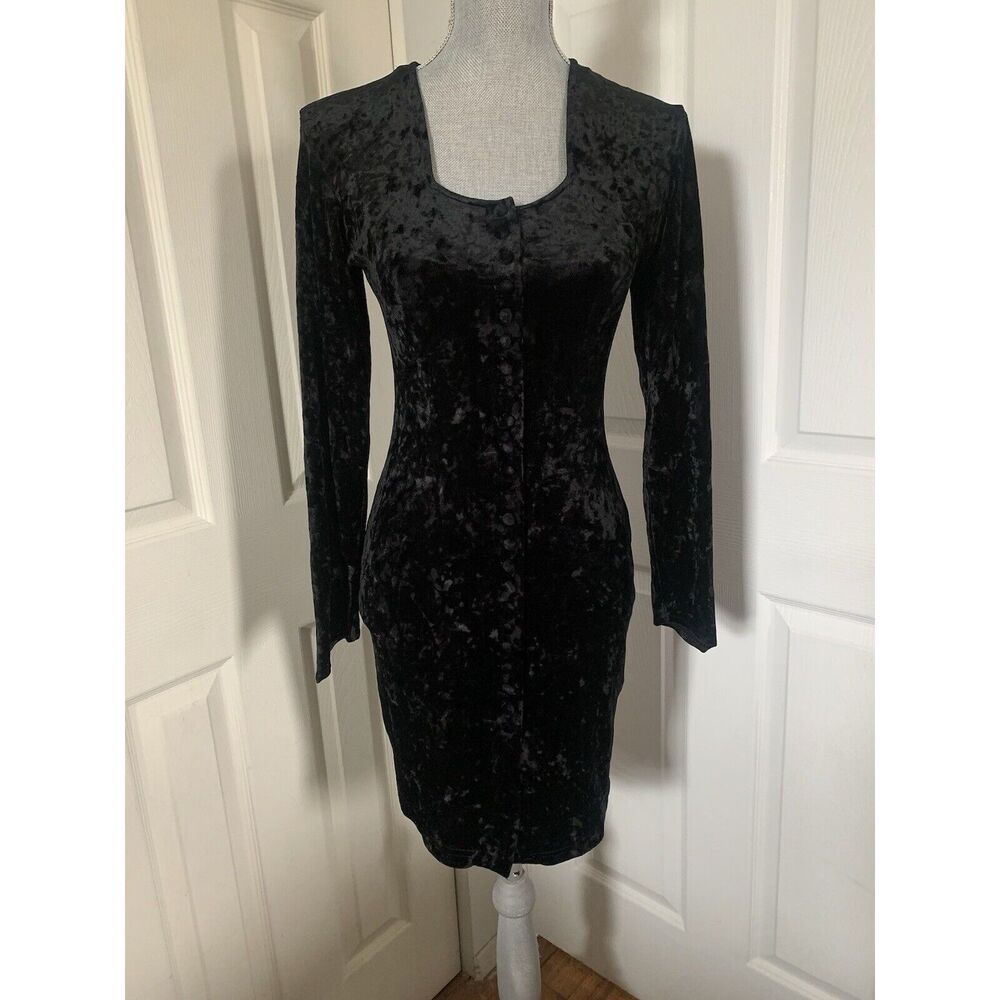 Vintage Fitted Black Crushed Velvet Button Up Dress Size Large LS